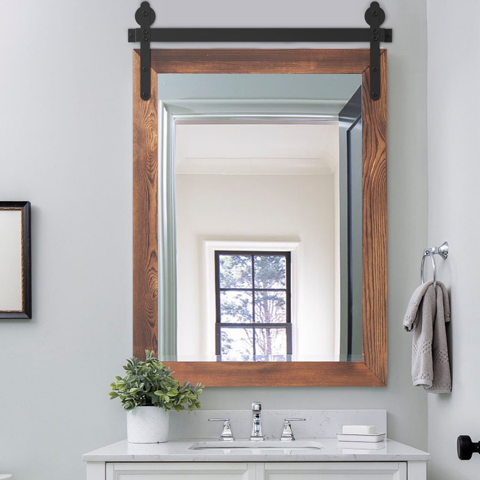 "YOSHOOT Antique Farmhouse Natural Wood Rectangle Wall Mirror, Rustic