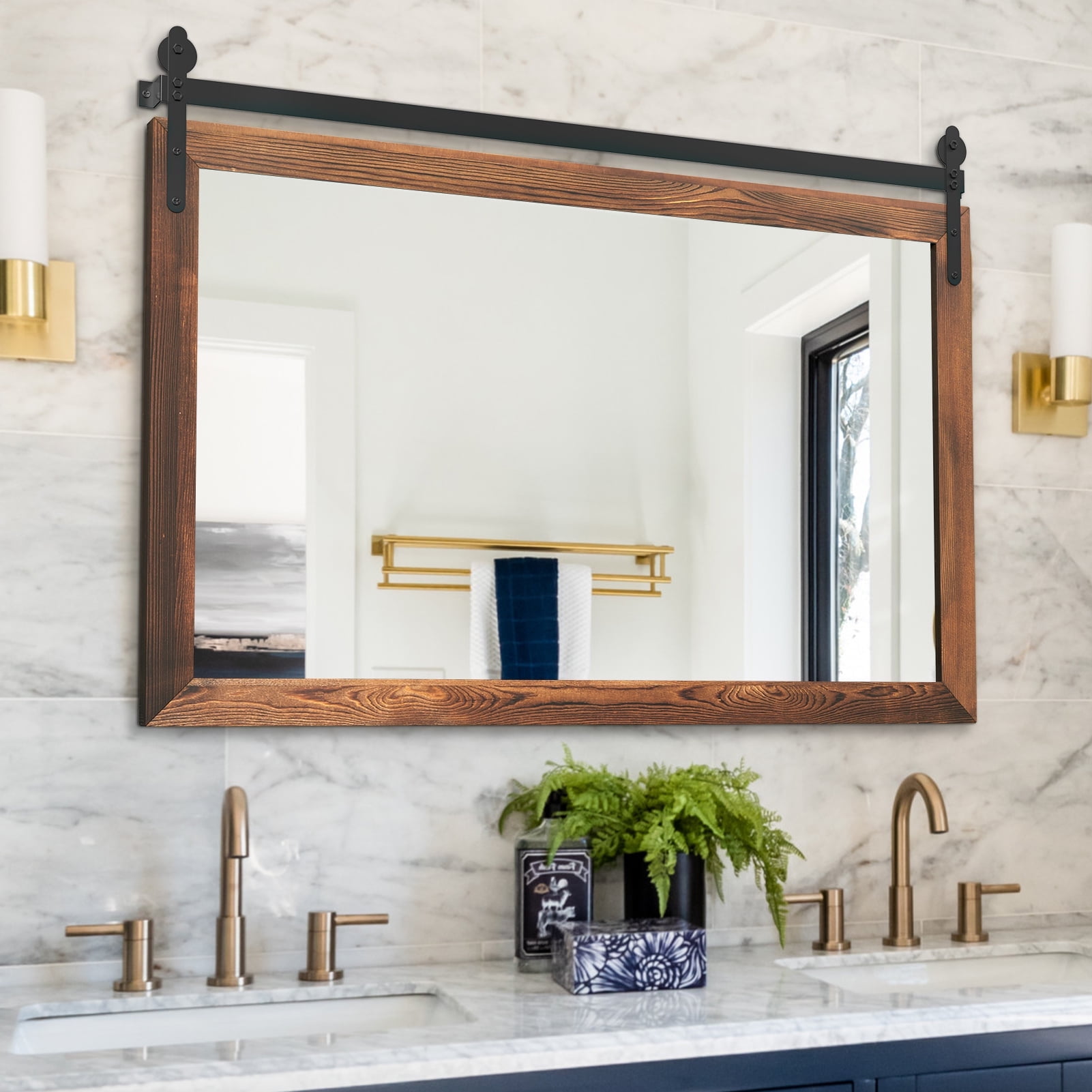 YOSHOOT Rustic Wooden Framed Wall Mirror48"x30"