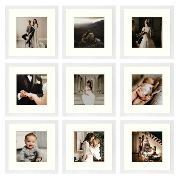 YOSITiuu, 12x12 MDF Frame for 8x8 Photo Display - Wall Mounting Square Photo Frame Collection with Ivory Color Mat and Real Glass (White, 9-Pack)