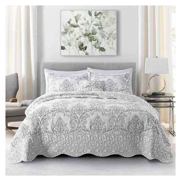 YOSITiuu 4-Piece Antique Classy White Embroidery Quilted Set, King