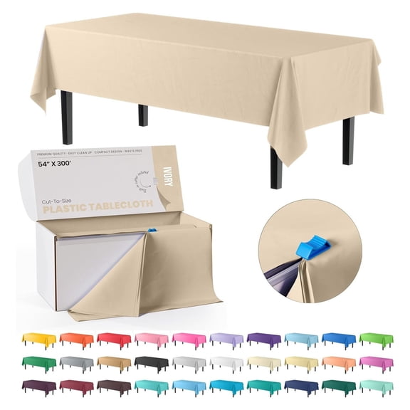 YOSITiuu 54 Inch X 300 Feet Ivory Plastic Table Cover Roll in A Cut - to - Size Box with Convenient Slide Cutter. Cuts Up to 36 Rectangle 8 Feet Plastic Disposable Tablecloths