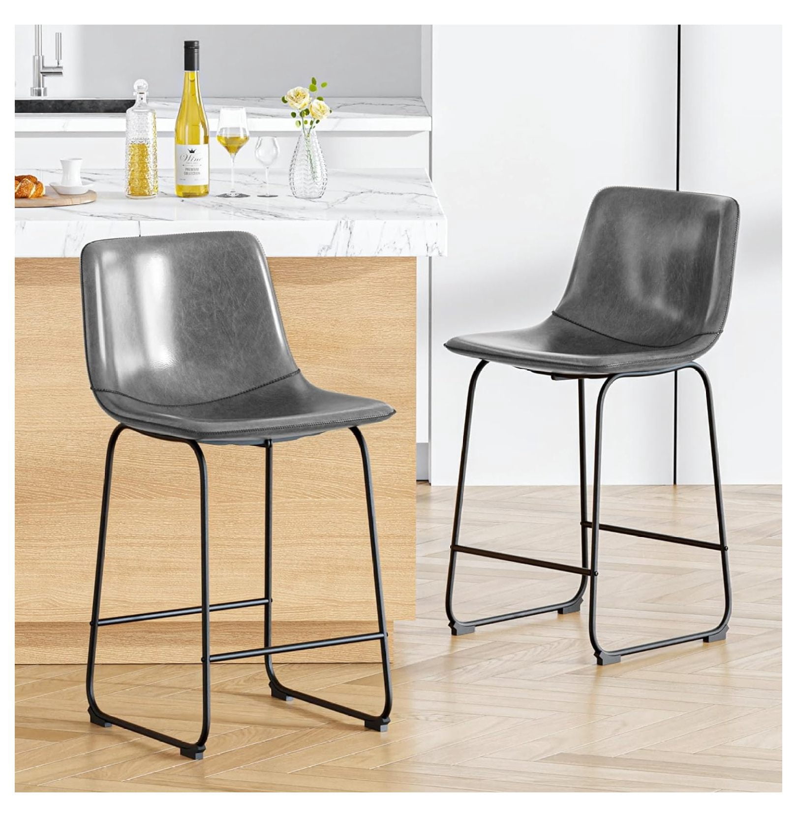YOSITiuu Bar Stools Set of 2, Faux Leather Counter Height Bar Stools, 26 inch Counter Stools