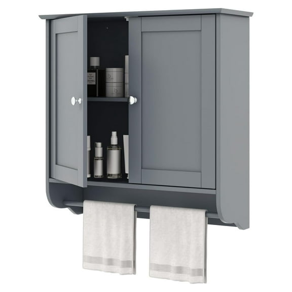YOSITiuu Bathroom Wall Cabinet, Over The Toilet Storage Cabinet w/ 2 Doors, Adjustable Shelf and Towel Bar, Space-Saving Wall Mounted Medicine Cabinet for Bathroom Kitchen Laundry Room (Grey)