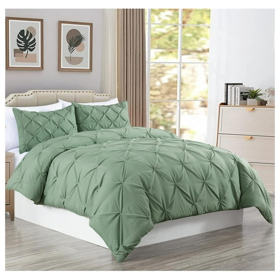 YOSITiuu Berlin Sage Green Pinch Pleat Comforter Set King Size 3-Piece Soft Pintuck Lightweight All Season Microfiber Bedding Set