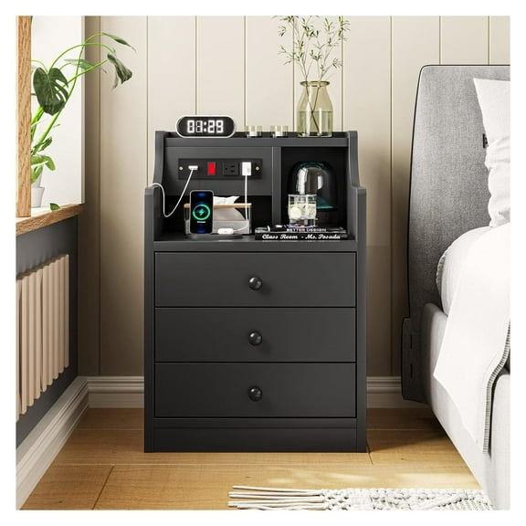 YOSITiuu Black Nightstand with Charging Station 3 Drawers, Wood Sofa End Side Table with USB Ports and Outlet, Bedside Table Bedroom Nightstand with Sliding Drawer & Hutch
