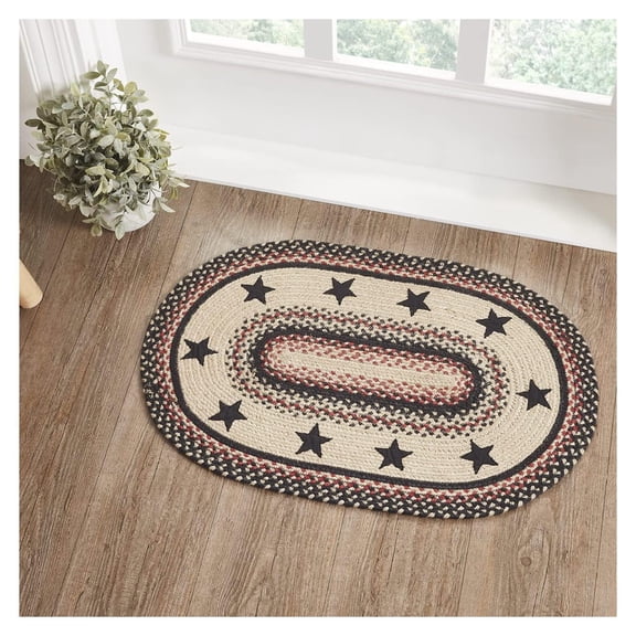 YOSITiuu Colonial Star Rug with PVC Pad, Jute Blend, Oval, Tan Black Red, 20x30 inches