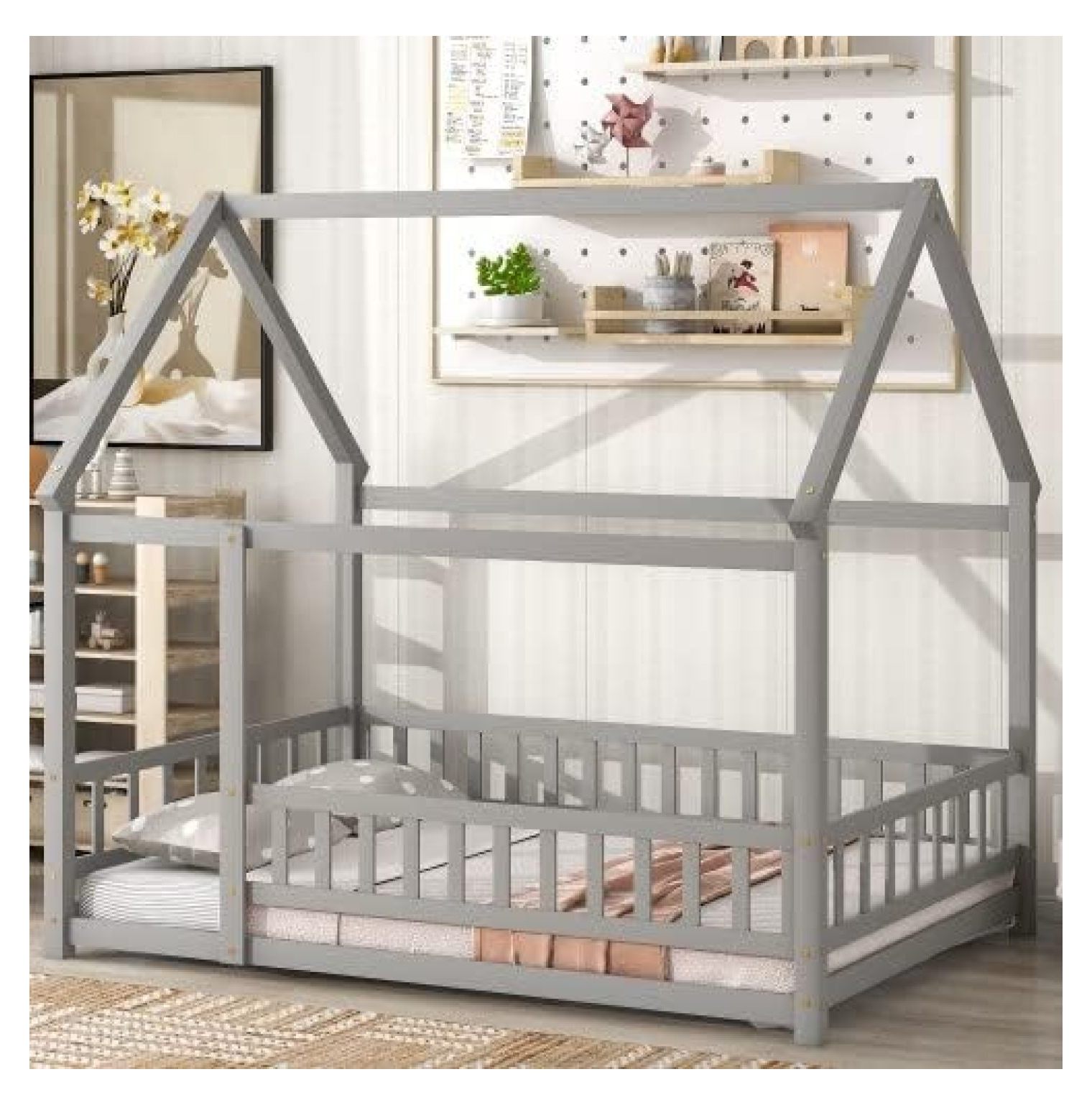 YOSITiuu Full Size House Bed Wooden Floor Bed with Roof and Fence