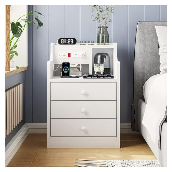 YOSITiuu Nightstand with Charging Station, Night Stand with 3 Storage Drawers, Bedside Table with Hutch, Modern End Side Table for Bedroom,White, 14D x 17.7W x 26.8H in