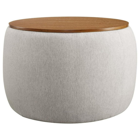 YOSITiuu Perla 26 Inch Round Storage Ottoman with Tray Lid in Ivory Fabric -Heathered Fabric Ottoman - Versatile Footrest - Woven Coffee Table - Side Table - for Living Room