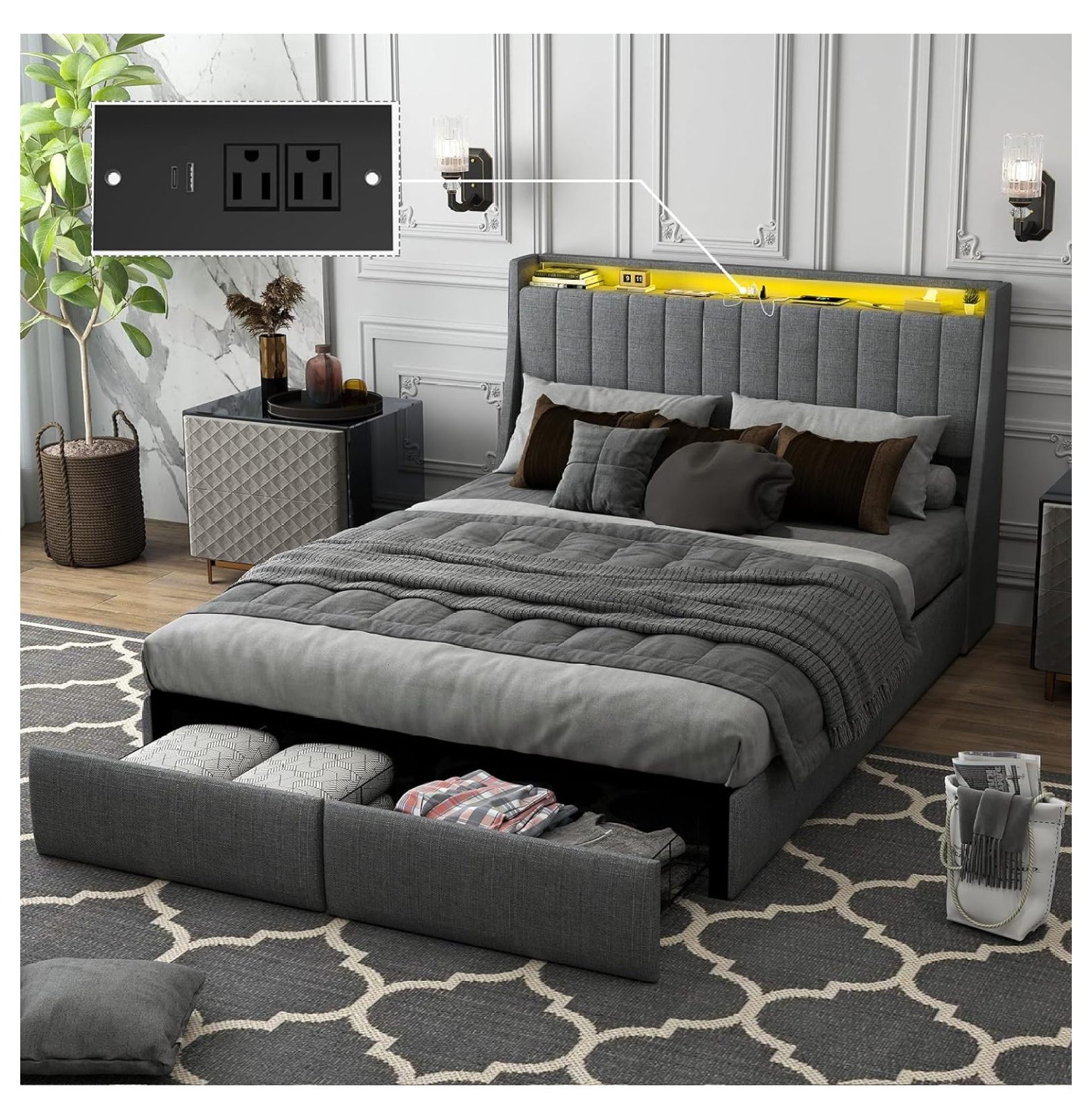 YOSITiuu Queen Size Bed Frame with 2 Storage Drawers Upholstered ...