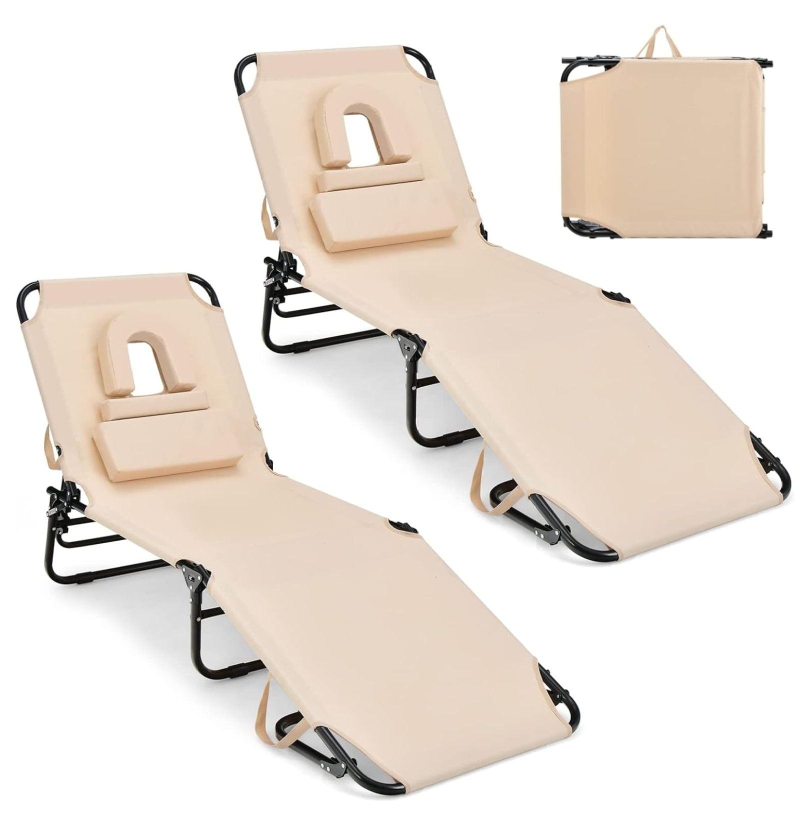 YOSITiuu Tanning Chair 350lbs Beach Lounge Chair with Face Hole Washable Pillow Carry Strap Adjustable Folding Chaise Lounge Layout Chair for Outside Patio Poolside Lawn 2 Beige Walmart