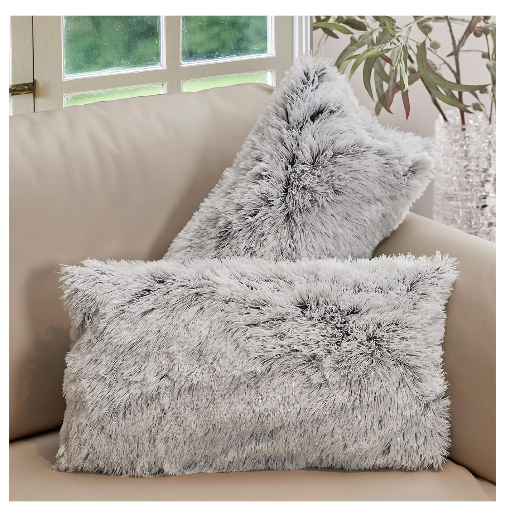 YOSITiuu Throw Pillows for Couch with Inserts Included Soft Shaggy Long Hair Faux Fur Pillows Set of 2 12 x 20 Gray Walmart