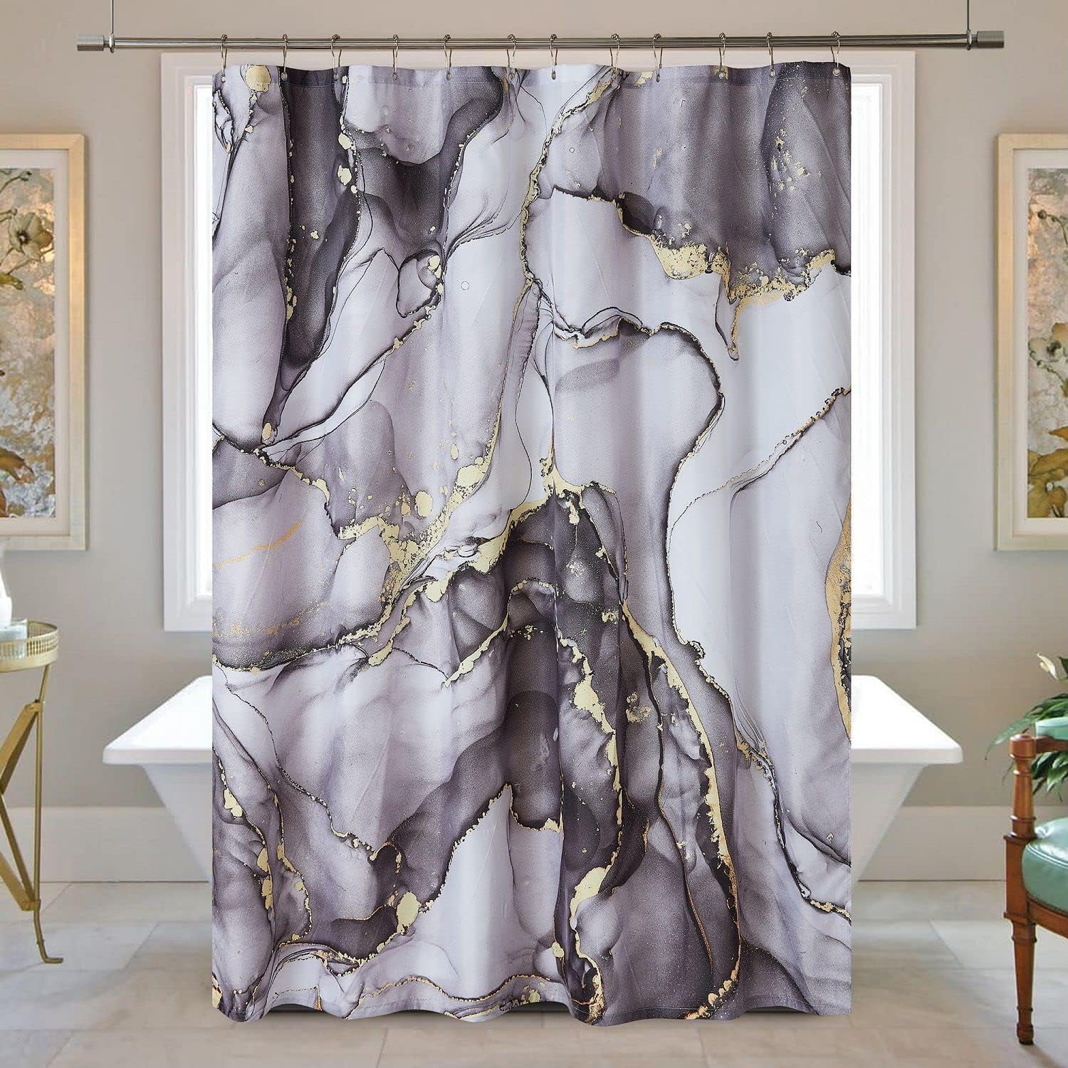 YOSTEV Black Gold Marble Shower Curtain Set, Abstract Marbled Shower
