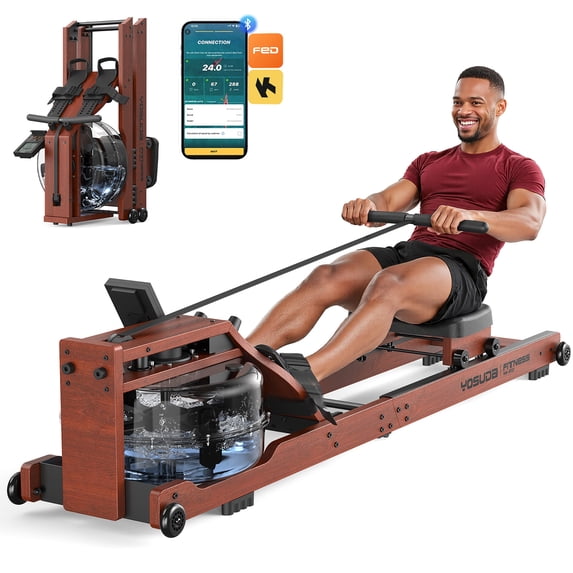 YOSUDA Foldable Water Rowing Machine for Home, 16 Level of Quiet Rresistance - 400LBS Weight Capacity Rower for Full-Body Workout with LCD Monitor & Bluetooth App, Solid Beech Wood