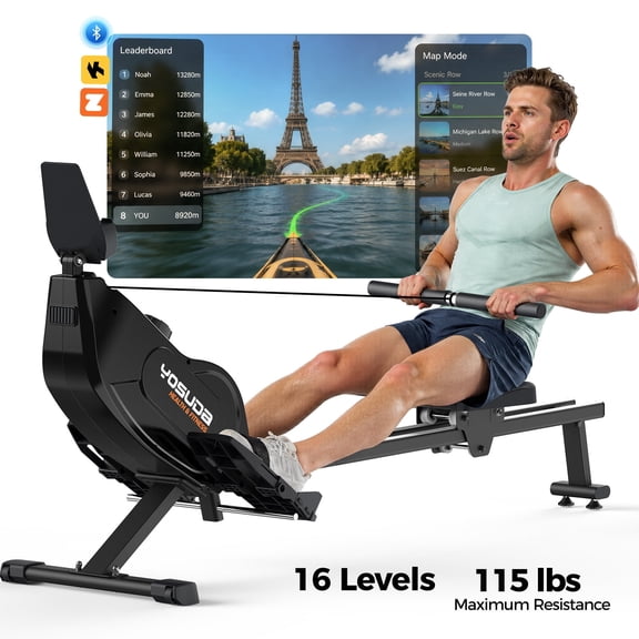 YOSUDA Magnetic Rowing Machine 350lbs Weight Capacity, Indoor Foldable Rower with 16-Level Resistance for Home Workout Max 115lbs, Bluetooth APP Support for Weight Loss