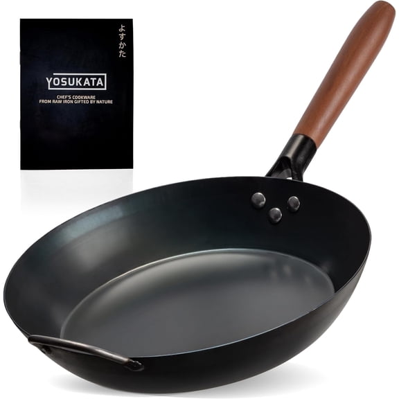 YOSUKATA 10 1/4" Carbon Steel Frying Pan – Coating-Free Non-Toxic Pre-Seasoned Skillet with Removable Wooden Handle for Gas, Induction, BBQ, Grill