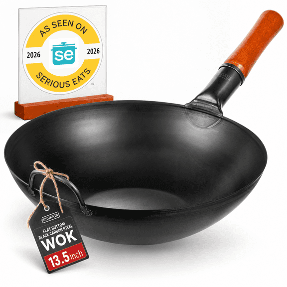 YOSUKATA 13.5" Pre-Seasoned Carbon Steel Wok Pan, Flat Bottom Stir Fry Pan for Gas, Electric, Induction & Open Fire, Traditional Asian Cookware for Kitchen, BBQ & Camping Use