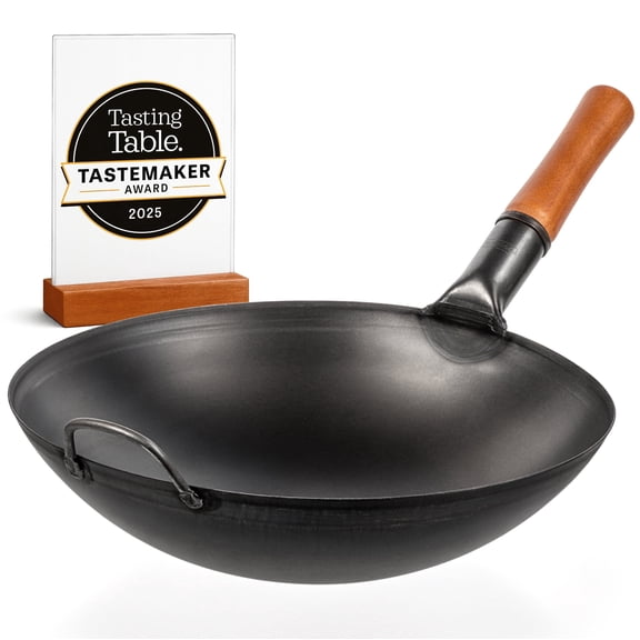 YOSUKATA 14" Carbon Steel Wok with Round Bottom Traditional Chinese Pre-Seasoned Wok for Stir Fry, BBQ & Camping Compatible with Gas & Open Fire