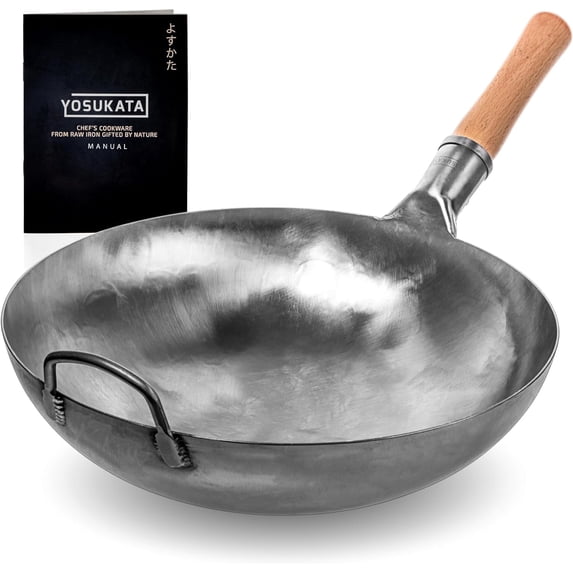 YOSUKATA 14" Silver Round Bottom Carbon Steel Wok – Traditional Chinese Hammered Pow Wok for Stir Fry, BBQ & Camping – Compatible with Gas & Open Fire