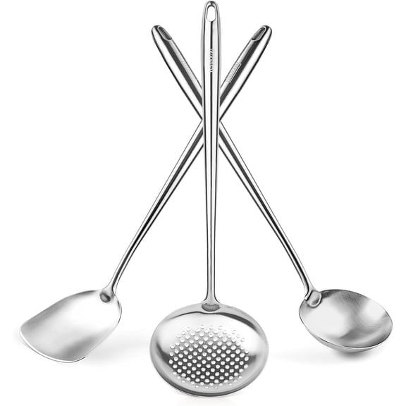 YOSUKATA 17" Wok Spatula, Ladle & Skimmer Spoon – Stainless Steel Cooking Utensils Set of 3 – Durable Kitchen Tools – Dishwasher Safe Wok Accessories