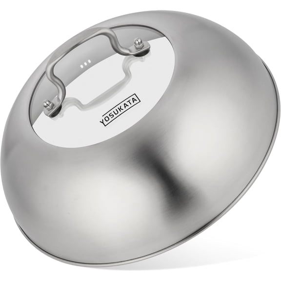 YOSUKATA 11.4" Wok Lid For 11.8" Wok – Stainless Steel Cover with Tempered Glass Insert & Steam Holes – Dishwasher Safe Cheese Melting Dome for Griddle