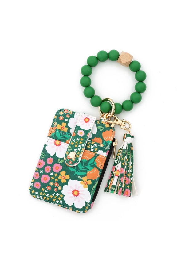 Boho Style Beaded Tassel Keychain Wallet for Women, Wristlet Bracelet with Card Holder and Zipper Purse, Floral Pattern Wrist Wallet