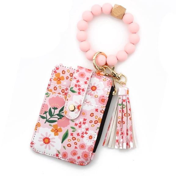 YOSUOPOC Boho Style Beaded Tassel Keychain Wallet for Women, Wristlet Bracelet with Card Holder and Zipper Purse, Floral Pattern Wrist Wallet