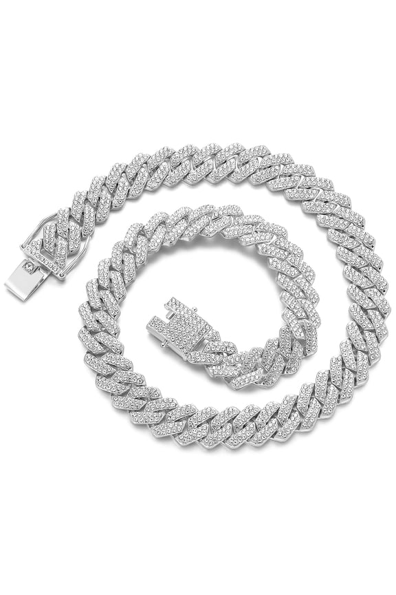 Cuban Link Chain for Men, 14mm Iced Out Cuban Link Chain Set, Hip Hop Diamond Necklace and Bracelet in Silver, Men's and Women's Bling Jewelry Set