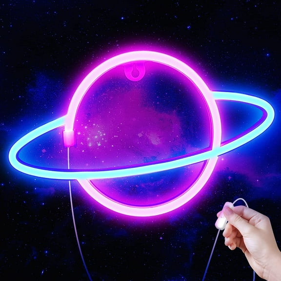 YOSUOPOC Planet Saturn LED Neon Sign, USB Powered Blue Pink Light for Bedroom, Game Room, Wall Decor