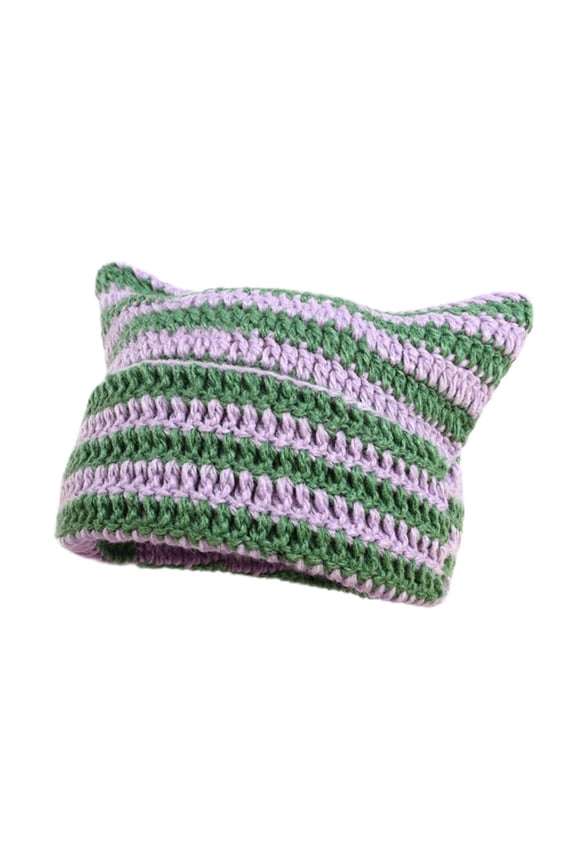 Women's Cat Ear Beanie, Soft Crochet Knit Hat with Foldable Ears, Slouchy Winter Warm Hat, One Size Fits Most