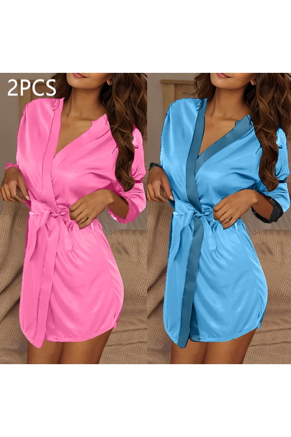 2-Pack Ice Silk Robe for Women Open Front Sleepwear Long Sleeve Loungewear Bathrobe for Gift Lace-up, Hot Pink, One Size