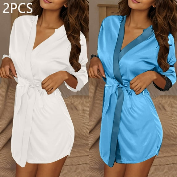 YOTAMI 2-Pack Ice Silk Robe for Women Open Front Sleepwear Long Sleeve Loungewear Bathrobe for Gift Lace-up, White, One Size