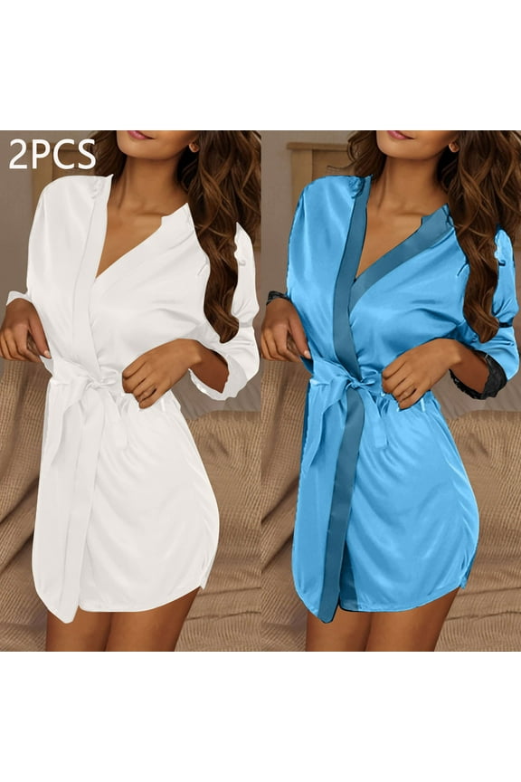 2-Pack Ice Silk Robe for Women Open Front Sleepwear Long Sleeve Loungewear Bathrobe for Gift Lace-up, White, One Size