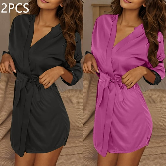 YOTAMI 2-Pack Women's Sexy Ice Silk Robe Short Sleepwear Robe Lightweight Bath Cover Up for Home Bathrobe with Belt Long Sleeve, Purple, One Size