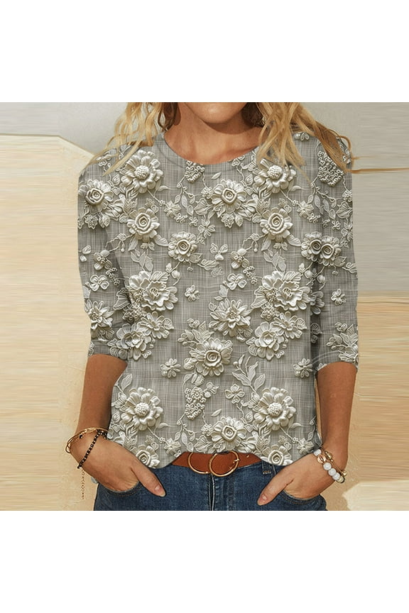 3/4 Length Sleeve Womens Tops Plus Size Loose Fit Tops for Home Crew Neck Floral Print Soft Tops