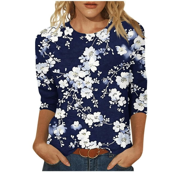 YOTAMI 3/4 Sleeve Tops for Women Plus Size Crew Neck Summer Casual Blouses Fashion Floral Print Loose Fit Pullover Tops Blouses Black