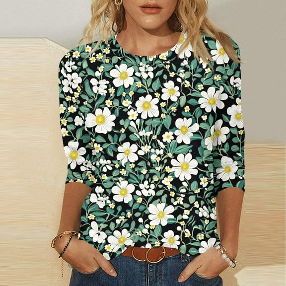 YOTAMI 3/4 Sleeve Tops for Women Plus Size Crew Neck Summer Casual Blouses Fashion Floral Print Loose Fit Pullover Tops Blouses Green