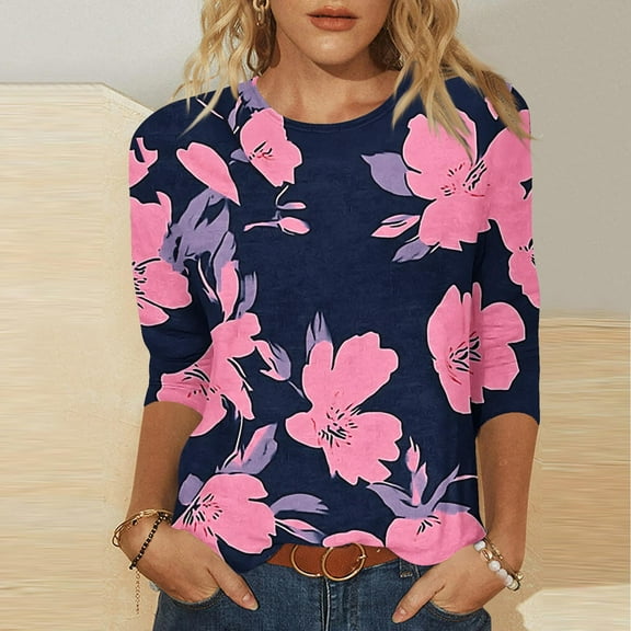 YOTAMI 3/4 Sleeve Tops for Women Plus Size Crew Neck Summer Casual Blouses Fashion Floral Print Loose Fit Pullover Tops Blouses Navy