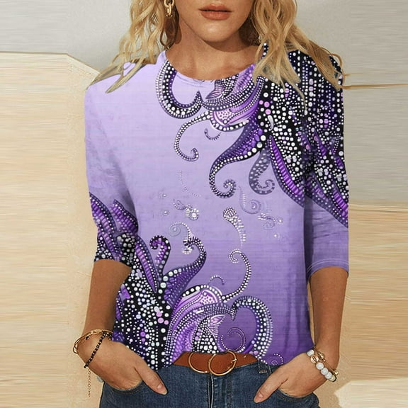 YOTAMI 3/4 Sleeve Blouses for Women Plus Size Floral Print Loose Fit Blouses for Work Crew Neck Blouses