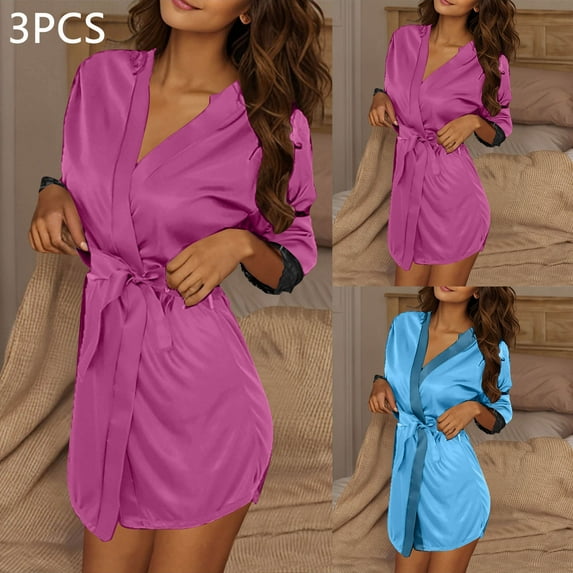 YOTAMI 3-Pack Ice Silk Loungewear Robe for Women Sexy Long Sleeve Nightgown Bathrobe for Gift Robe with Belt, Blue, One Size