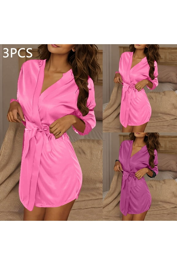3-Pack Ice Silk Robe for Women Sexy Sleepwear Bathrobe Long Sleeve Loungewear for Party Robe with Belt, Purple, One Size