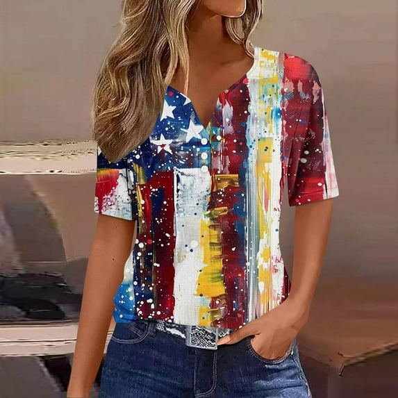 YOTAMI 4th of July Women's Patriotic T-Shirts Plus Size American Flag Red White Blue Tops Short Sleeve Button V-Neck Independence Day Tops Sizes S-XXXL
