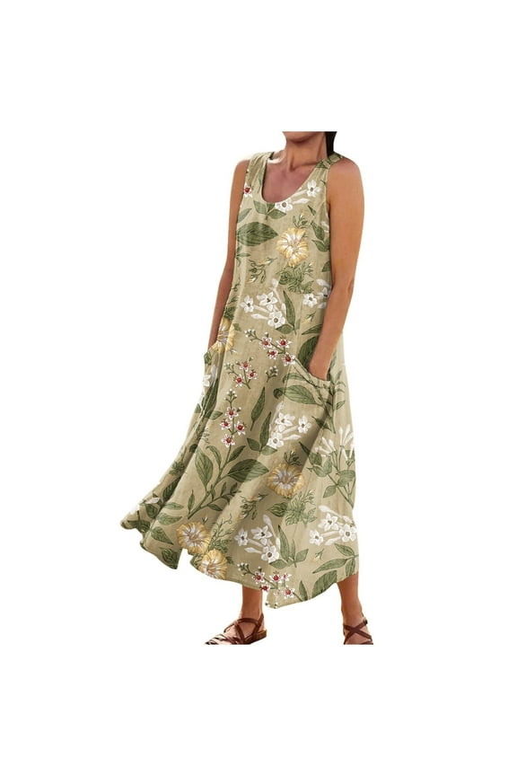 Summer Dresses for Women Plus Size Loose Fit Cotton Linen Dresses with Pockets for Beach Vacation Sleeveless Flowy Casual Maxi Dresses White