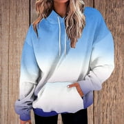 YOTAMI Blue Women's Fashion Hoodies & Sweatshirts Plus Size Crew Neck Pullover Hooded Sweatshirts with Pocket Drawstring Long Sleeve Gradient Color Print Dressy Casual Tops Clothes Running,Sizes S