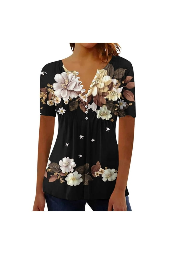 Womens Tops Plus Size Dressy Casual Blouses Short Sleeve Pleated Button V-Neck Summer Floral Print Loose Fit Tunic Tops Black