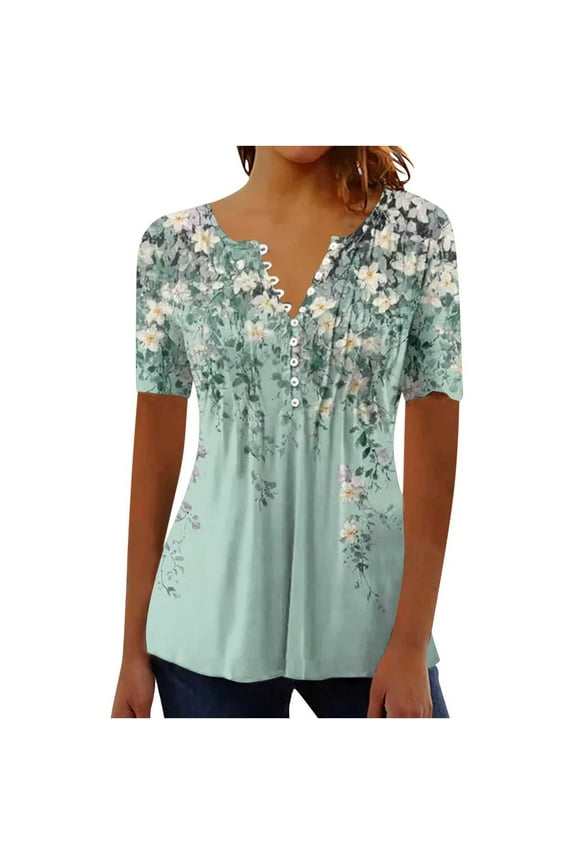 Womens Tops Plus Size Dressy Casual Blouses Short Sleeve Pleated Button V-Neck Summer Floral Print Loose Fit Tunic Tops Green