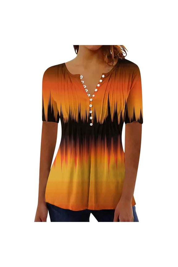 Womens Tops Plus Size Dressy Casual Blouses Short Sleeve Pleated Button V-Neck Summer Floral Print Loose Fit Tunic Tops Yellow