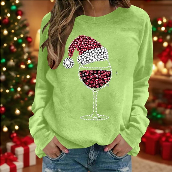 YOTAMI Christmas Sweatshirts for Women Oversized Xmas Red Wine Glass Print Pullover Tops for Gift, Party Long Sleeve Crewneck Shirts
