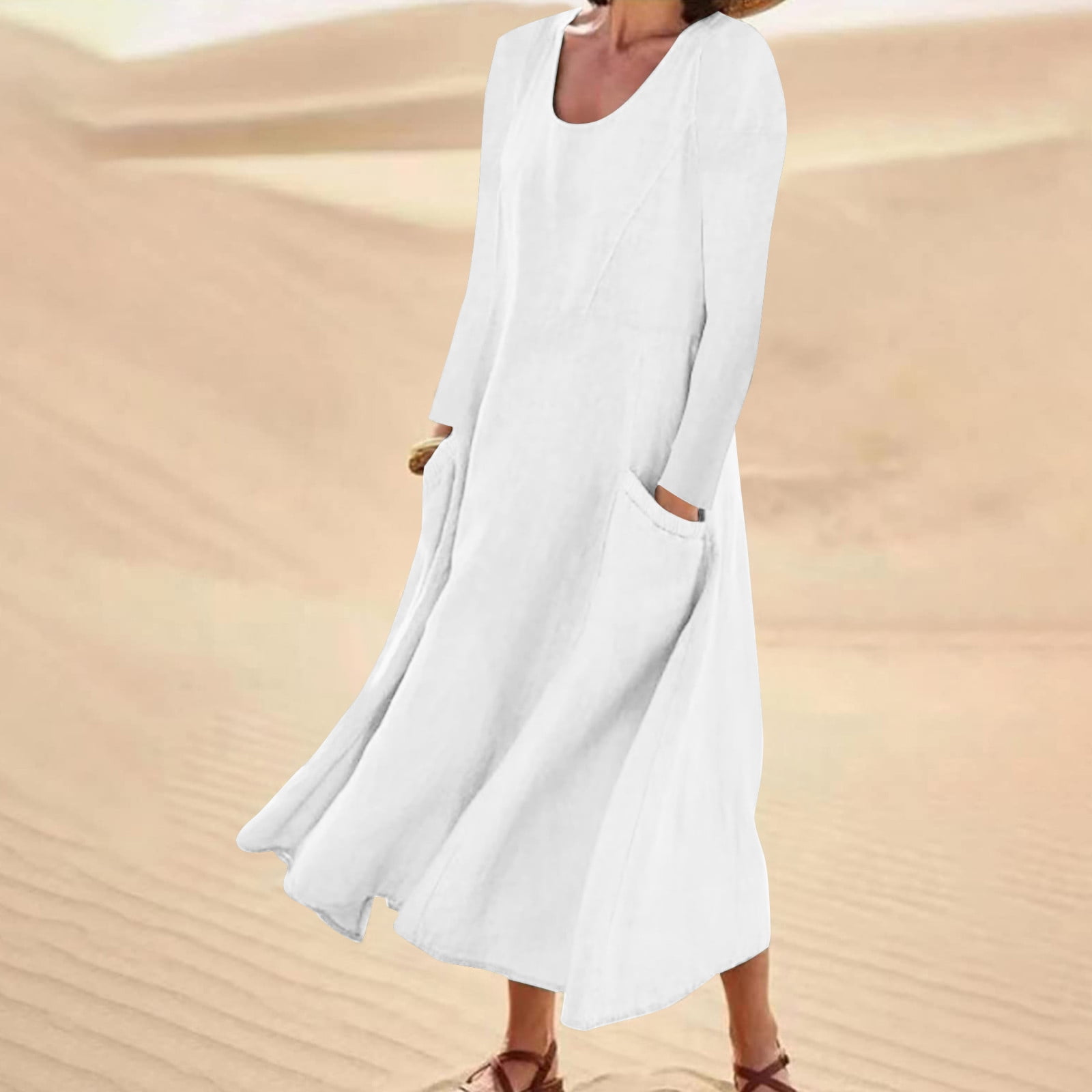 OURS Women's Long Sleeve Maxi Dress - Empire Waist, A-Line, Round Neck - Casual Fall Dress