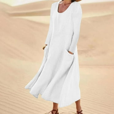 YOTAMI Cotton Linen Long Sleeve Dress for Women Fall Round Neck Solid Color Casual Loose Maxi Dress with Pockets